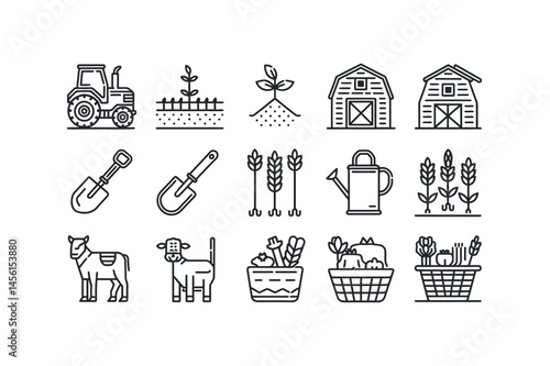 Simple Line Art Icons of Farming and Agriculture