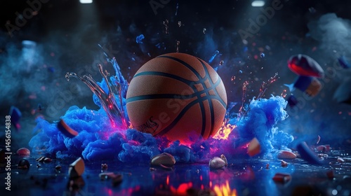 Wallpaper Mural Ball centered in neon smoke burst, basketball energy theme in abstract background Torontodigital.ca