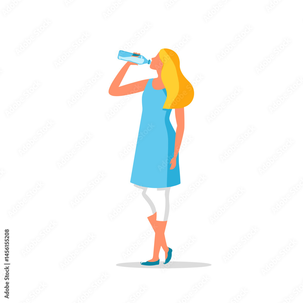 A woman with long blonde hair wearing a light blue summer dress and white capri pants drinks from a water bottle A woman with long blonde hair wearing a light blue summer dress and white capri pants drinks from a water bottle
