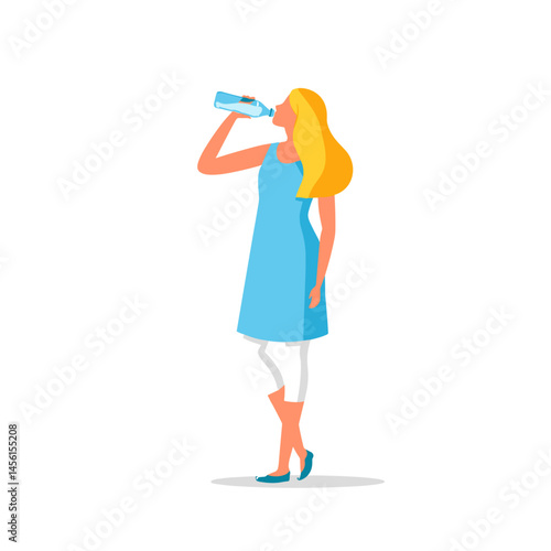 A woman with long blonde hair wearing a light blue summer dress and white capri pants drinks from a water bottle