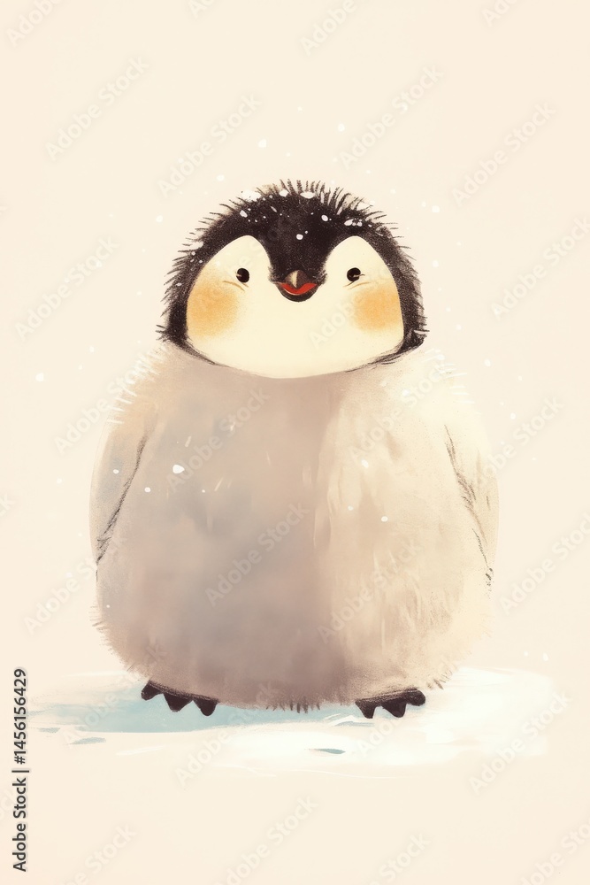 Fototapeta premium Illustration of a fluffy baby penguin in snow with tiny red smile