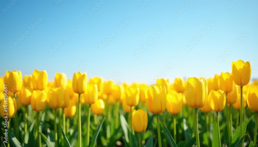 Obraz premium Sunlit field of vibrant yellow tulips beneath a clear blue sky , outdoor, photo, fresh