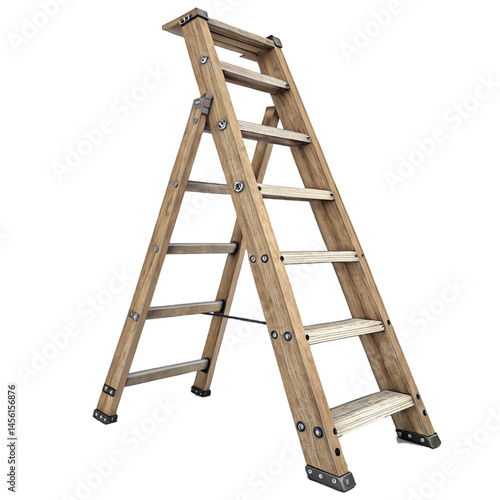 Wooden stepladder standing firmly isolated on white background symbolizing progress growth and self-improvement journey