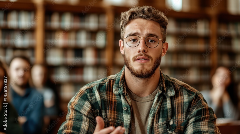 A young man with a beard gestures expressively while presenting in a library, surrounded by attentive peers, encapsulating a moment of academic sharing and engagement. A young man with a beard gestures expressively while presenting in a library, surrounded by attentive peers, encapsulating a moment of academic sharing and engagement.