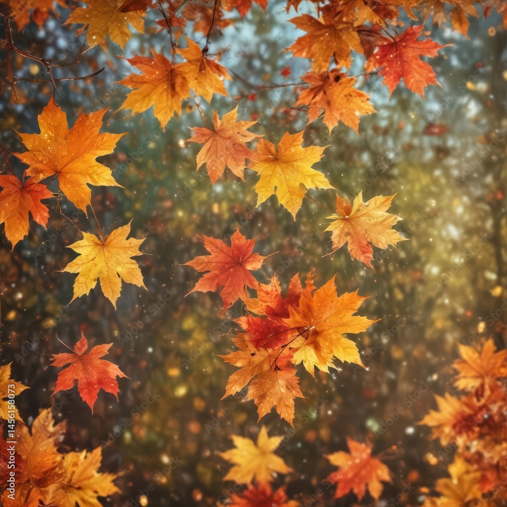 Airborne autumn leaves, bokeh sparkle background, october, season, light Airborne autumn leaves, bokeh sparkle background, october, season, light