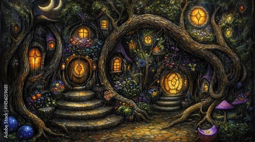 Wallpaper Mural Enchanted treetop village illustration glowing dwellings in the dark magic forest fairytales luminous windows fantasy home whimsical architecture Torontodigital.ca