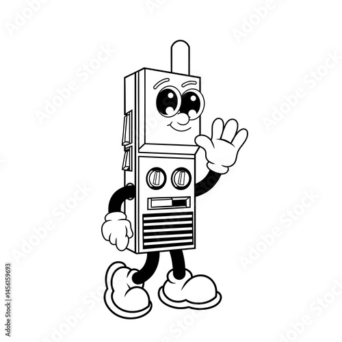 Retro character design of walkie talkie greets outline