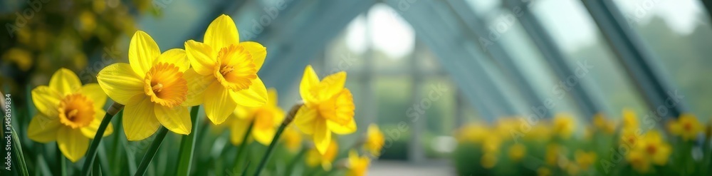Cluster of miniature yellow daffodils against a modern geometric conservatory framework , nature, spring, interior Cluster of miniature yellow daffodils against a modern geometric conservatory framework , nature, spring, interior