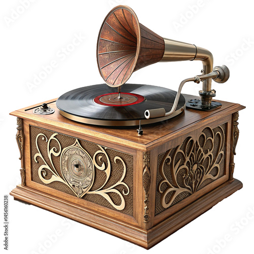 Antique gramophone with vinyl record playing symbolizing classic sound nostalgia vintage music and old entertainment style