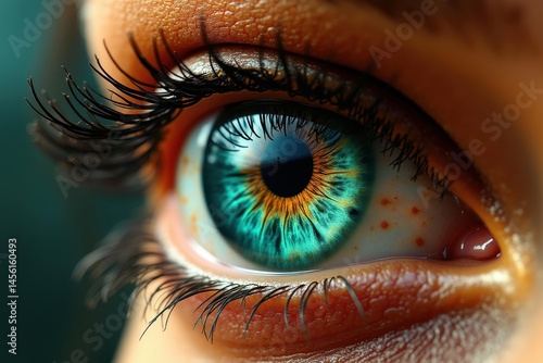 Womans piercing gaze. Close-up blue green human eye with long eyelashe
