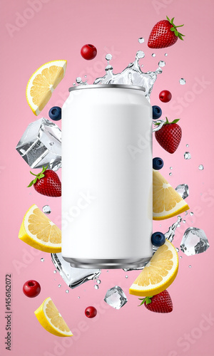 Photograph of a white can of soda, surrounded by splashing lemon juice, citrus slices, and berries against a bright pink background, creating a vibrant, energetic, and refreshing visual.