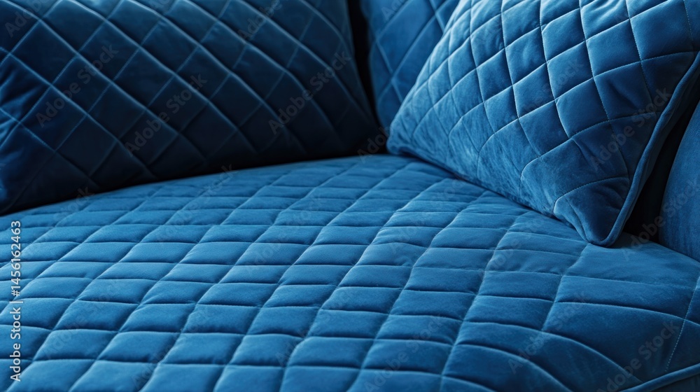 Fototapeta premium Luxurious cobalt blue velvet quilted sofa upholstery. Close-up view of the diamond pattern