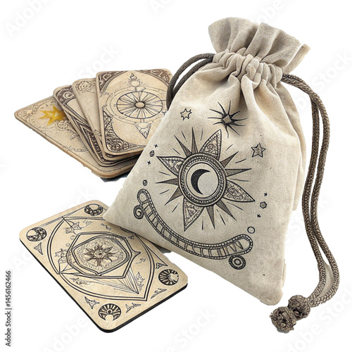Drawstring pouch with sun and moon tarot symbols representing mysticism fortune and bohemian magical spiritual design