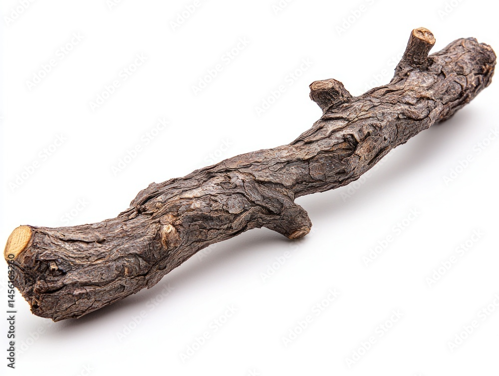Brown twig lying flat against white background Brown twig lying flat against white background