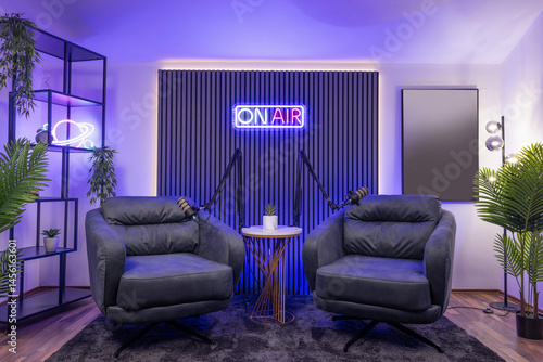 Modern podcast recording studio with professional lighting
