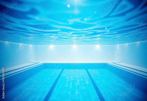 Beautiful clean swimming pool viewed from underwater, showcasing vibrant blue tones and mesmerizing light reflections.