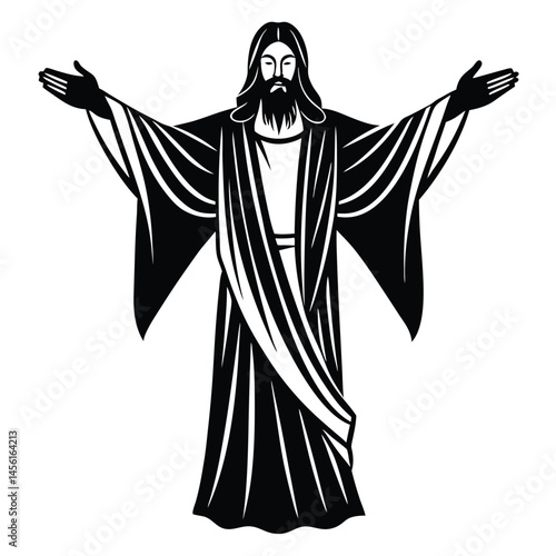 Black and White Stylized Illustration of Jesus Christ with Open Arms