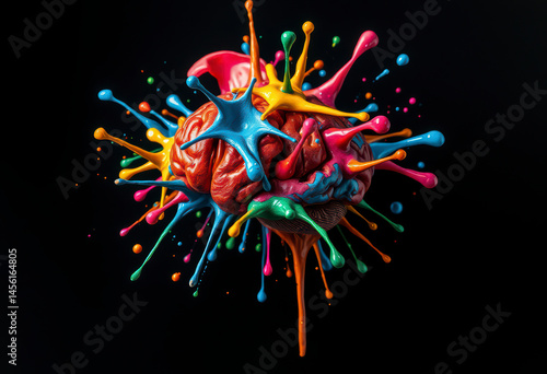 Colorful splashes erupt from a brain, showcasing a creative explosion of paint in a striking black backdrop that captivates viewers.