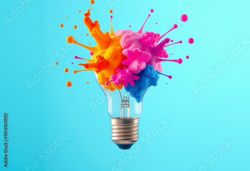 Colorful water colors burst from a light bulb in a vibrant display against a light blue backdrop, symbolizing creativity and inspiration.