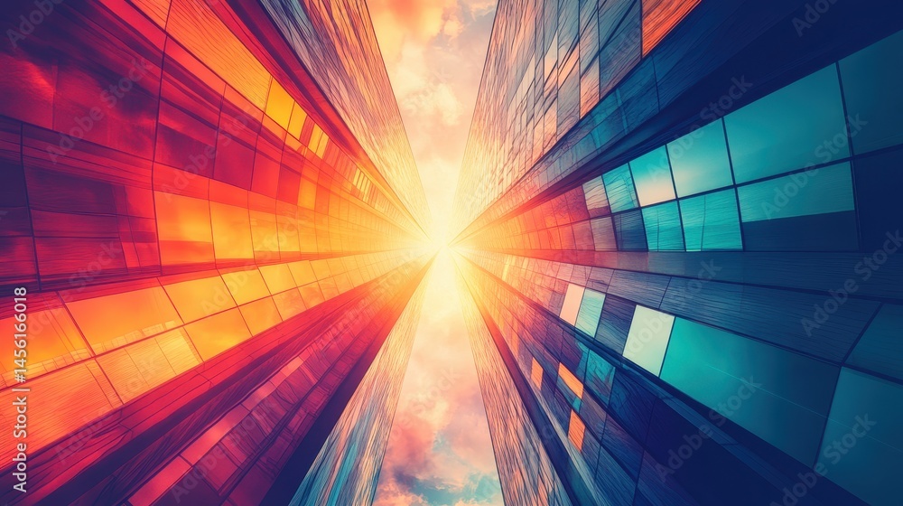 Fototapeta premium Abstract urban architecture with vibrant colors and converging lines creating a dynamic modern cityscape view from below capturing light