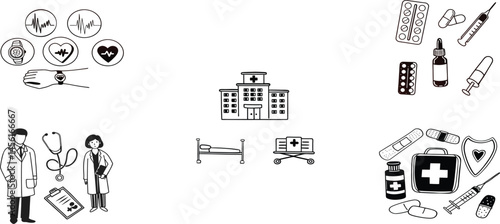 A minimal vector icon set representing healthcare and medical services.