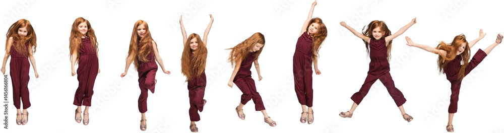 Looks delighted, joyful. Collage with images of little cute kid, happy girl jumping, running isolated on transparent background. Education, emotions, facial expression and childhood concept.