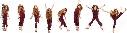 Obraz na płótnie Looks delighted, joyful. Collage with images of little cute kid, happy girl jumping, running isolated on transparent background. Education, emotions, facial expression and childhood concept. w salonie