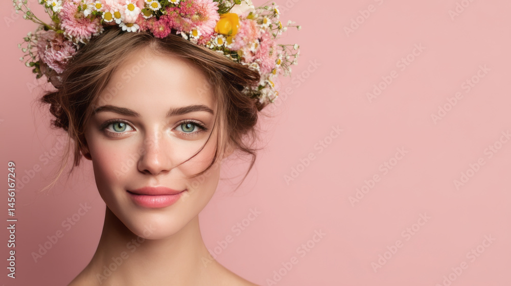 a young woman with a flower crown in her hair smiling.