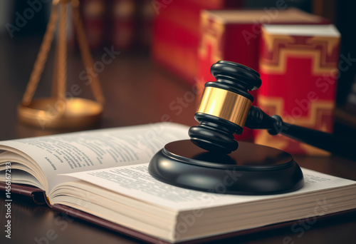 Law book rests open on a wooden desk beside a judge's gavel, symbolizing legal authority and justice in a courtroom setting.