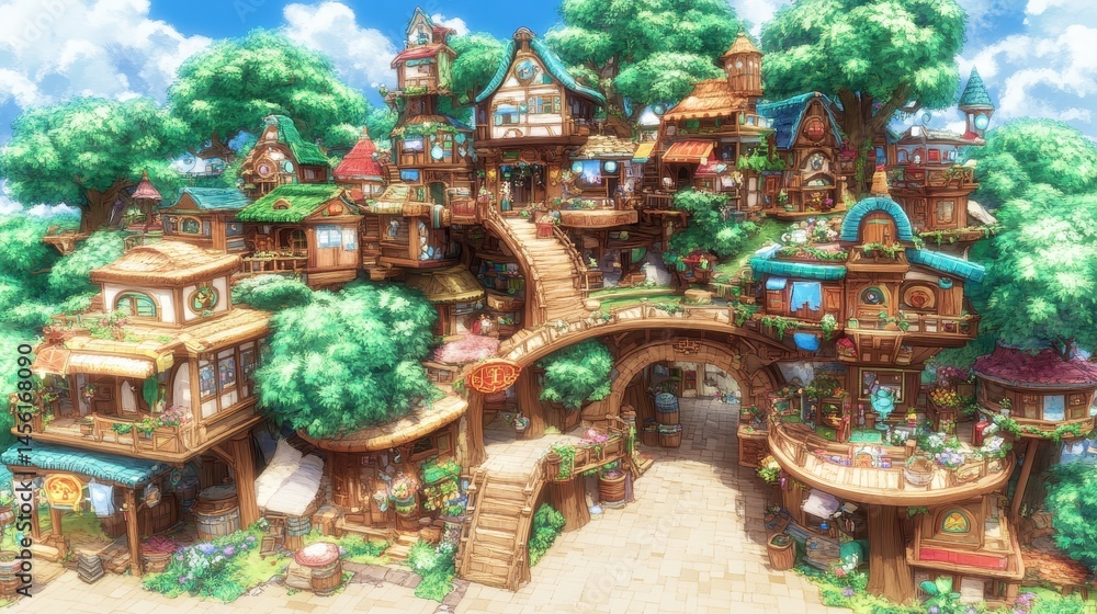 Enchanting village nestled among the treetops whimsical fairytale fantasy landscape illustration dreamy childhood nostalgic creative design Enchanting village nestled among the treetops whimsical fairytale fantasy landscape illustration dreamy childhood nostalgic creative design