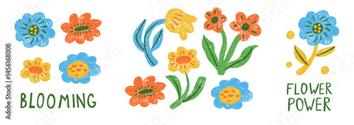 Print with drawing groovy flower with phrase in minimalist ink chalk or charcoal style. Wavy groovy floral botanical elements.