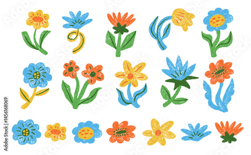Set of abstract neon flower in funky flat style. Wavy groovy floral botanical elements. Doodle funny plant in minimalist ink chalk or charcoal style.