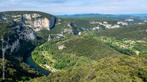 The viewpoints of the tourist road of the Gorges de l'Ardèche. Panoramic point called Serre de Tourre Belvedere. Rhône-Alpes region, France.
