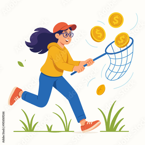 Person Running to Catch Coins with Net Illustration on White