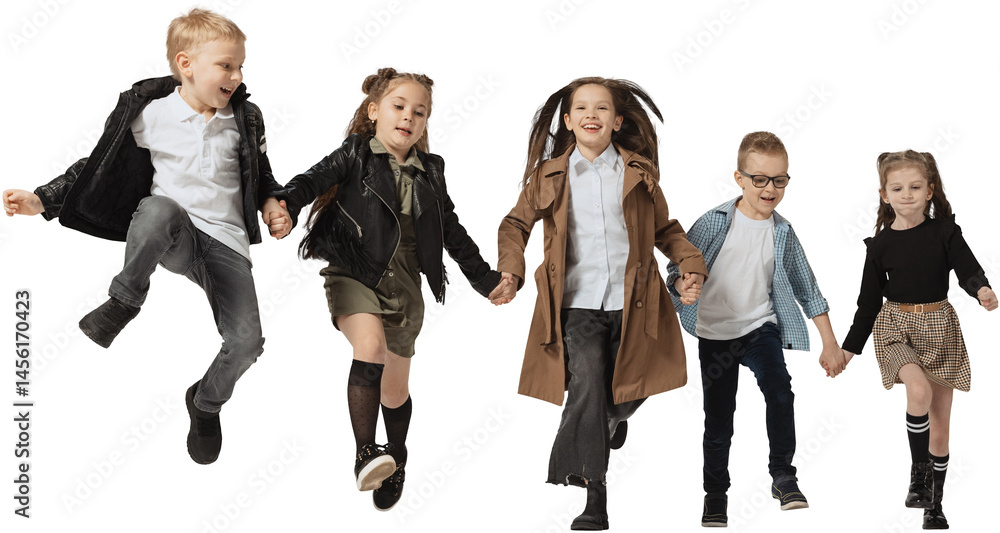 Happy school and preschool age children, girls and boys running, jumping isolated on transparent background. Beauty, kids fashion, ad, education, happy childhood concept.