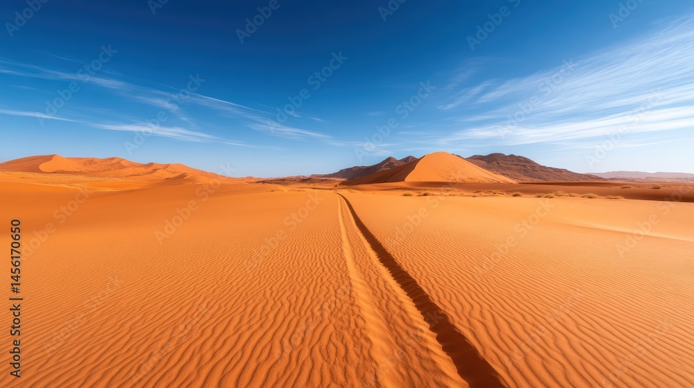 A breathtaking view of an expansive desert landscape, characterized by striking orange sand dunes and a vibrant blue sky, representing the vastness and beauty of nature. A breathtaking view of an expansive desert landscape, characterized by striking orange sand dunes and a vibrant blue sky, representing the vastness and beauty of nature.