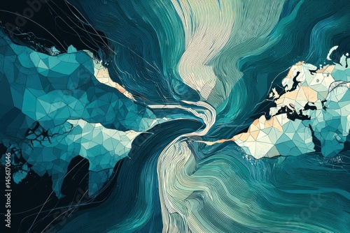 Abstract Motion Lines Create a Dynamic Separation of a World Map Into Two Distinct Halves, Illustrating Movement and Change Generative AI