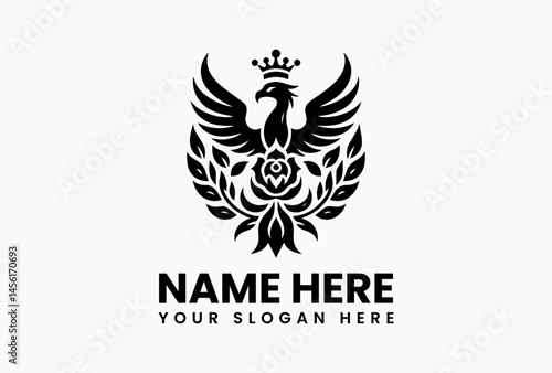 Vintage harpy figure with regal crown and botanical floral motifs in intricate vector logo, symbolizing feminine strength, legend, and nature’s mystique  
