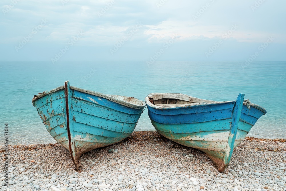 Naklejka premium Two old blue rowboats sit on a pebbled beach by the calm turquoise sea. Use this for travel, nautical, or peaceful nature scene concepts.