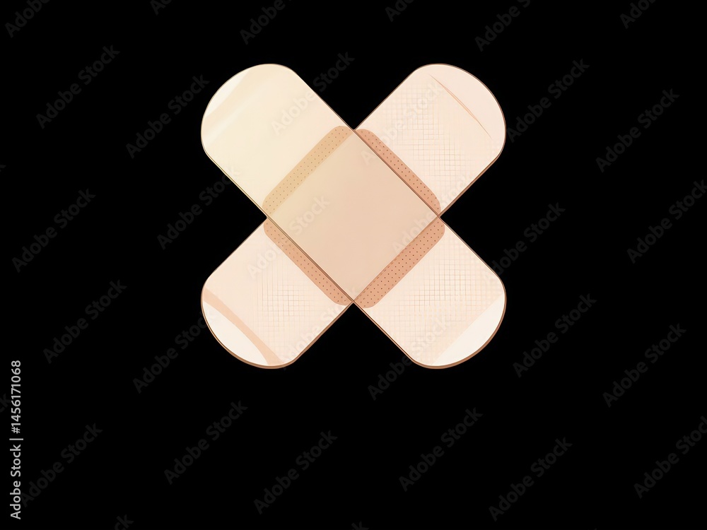 Isolated image of two adhesive bandages crossed on a black background in a studio setting Isolated image of two adhesive bandages crossed on a black background in a studio setting