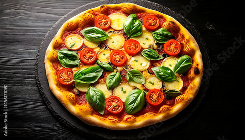 Overhead View of Delicious Cheese Pizza with Tomatoes and Basil