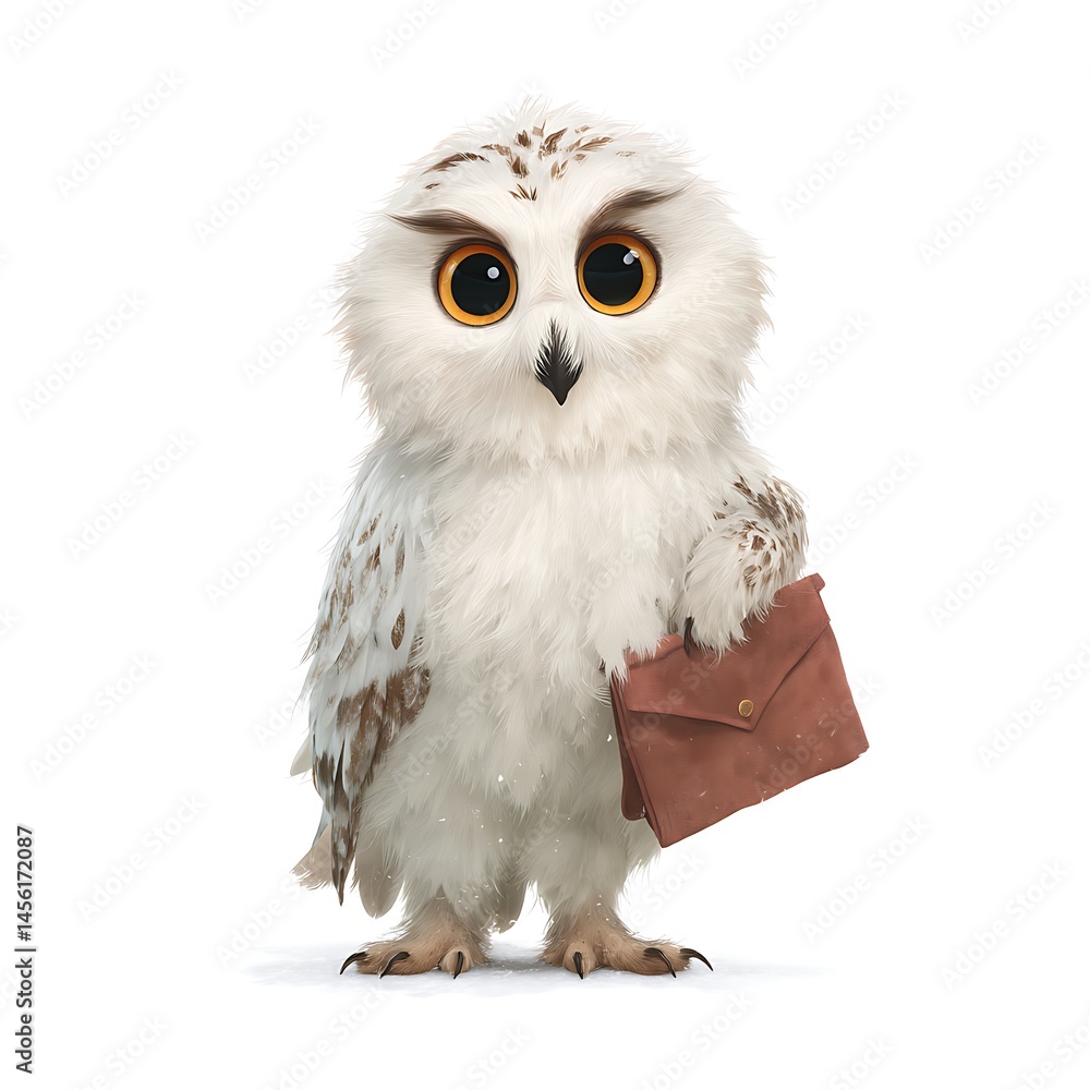 Fototapeta premium An owl with big golden eyes holds a letter in its hand, standing on a white surface with light speckles