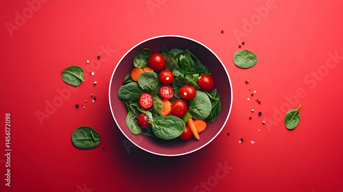Overhead View of Fresh Salad in Red Bowl