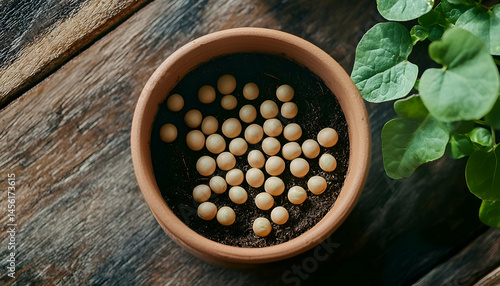 Overhead View of Small Beige Seeds Planted in Brown Terracotta Pot on Wooden Background