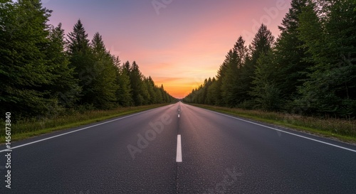 Driving on Long Road at Sunset with Forest Edges and Colorful Sky