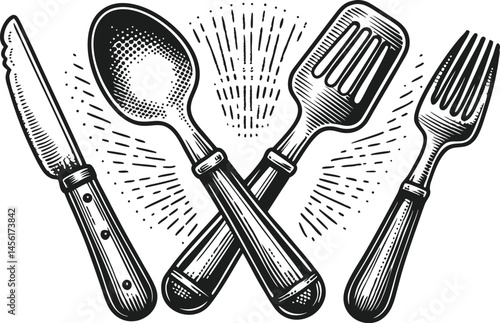 Set of kitchen utensils for cooking, vintage sketch illustration of food preparation tools for restaurant or diner menu design

