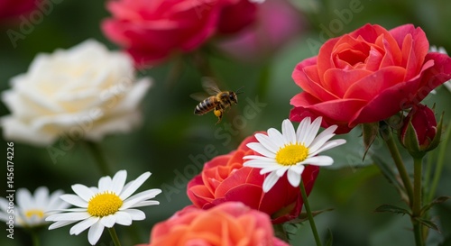 Bee Flying Near Garden Flowers Gathering Pollen