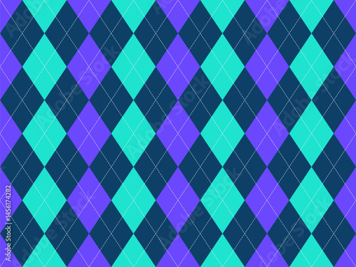 Vibrant argyle pattern in teal, purple, and navy.  Perfect for textile design, backgrounds, website graphics, and playful branding.  The geometric design offers a modern, yet classic feel.