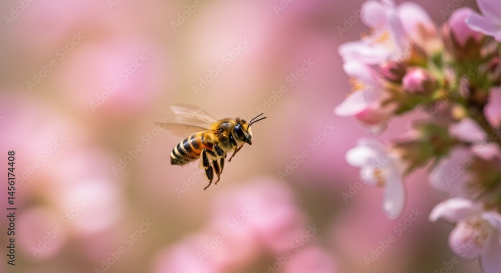 Bee Flying Toward Pink Flowers in Natural Light Bee Flying Toward Pink Flowers in Natural Light