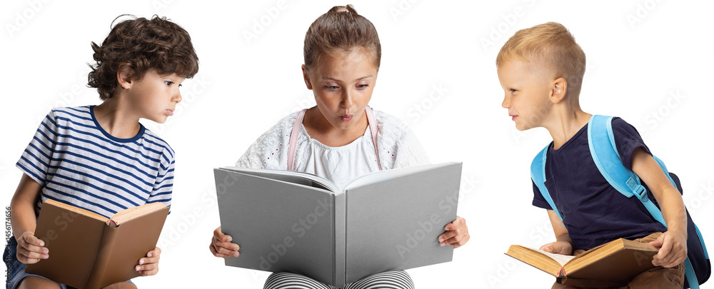 Three children sitting and reading big book together, showing concentration and curiosity isolated on transparent background. Concept of childhood, early development